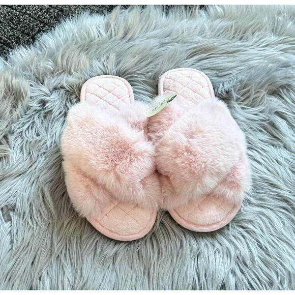 Fuzzy‎ Cross Band Fluffy Open Toe House Slippers Size 10-11.5 - Picture 6 of 8